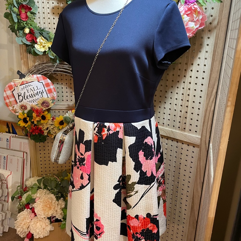 Gabby Skye Floral A-Line Dress - Navy, White, Red and Pink
